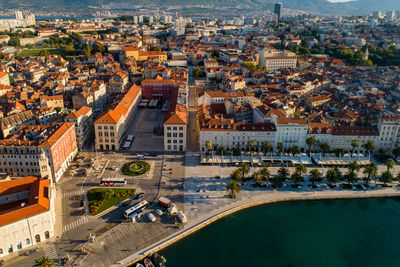 High angle view of city buildings