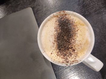 High angle view of coffee on table