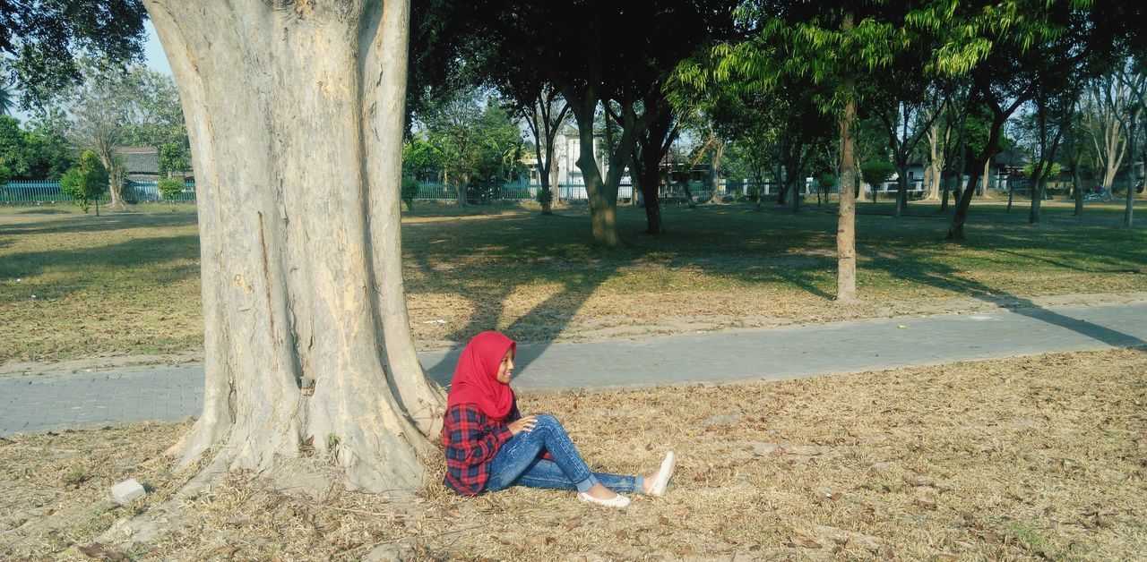 tree, lifestyles, leisure activity, person, tree trunk, rear view, relaxation, casual clothing, sitting, full length, sunlight, park - man made space, standing, day, shadow, outdoors, low section, nature