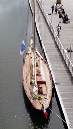 High angle view of sailboat moored on sea