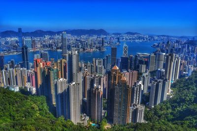 Panoramic view of city and buildings against sky in hong kong