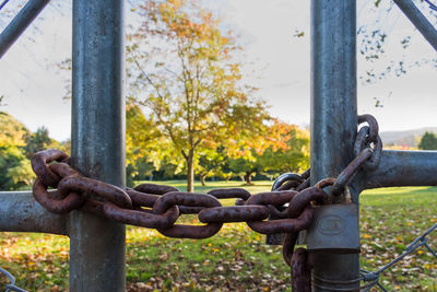 Close-up of rusty chain against fence