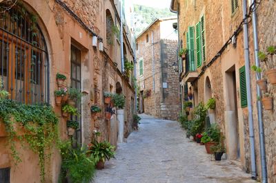 Narrow alley amidst buildings in city. old town of valldemossa, majorca, spain.