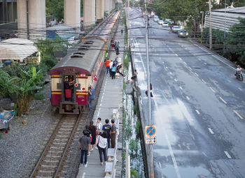 High angle view of people on road in city