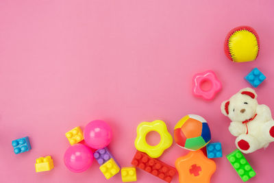 High angle view of multi colored toys