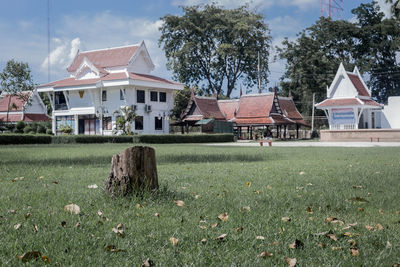 Houses on field against sky
