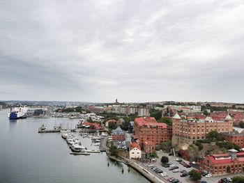 High angle view of cityscape against cloudy sky