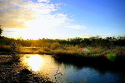 Scenic view of lake against sky during sunset