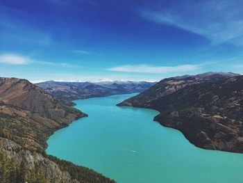 Scenic view of sea and mountains against blue sky
