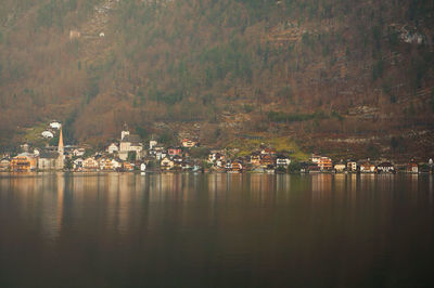 Scenic view of lake against sky in town