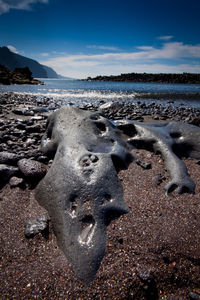 Close-up of water on beach against sky