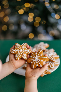 Ginger christmas cookies in children's hands on the background of the christmas tree.