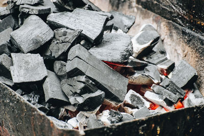 High angle view of burning coal