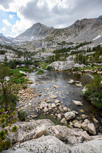 Scenic view of lake by mountains against sky