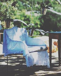 Close-up of chair against trees