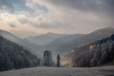 Scenic view of mountains against sky during winter