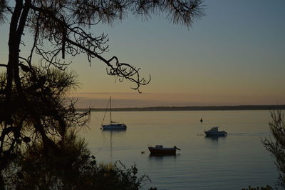 Silhouette of boats in sea at sunset