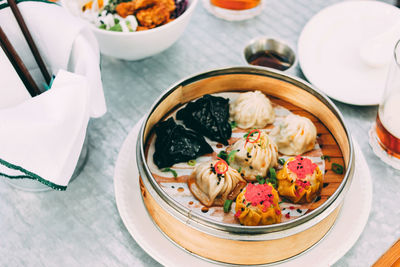 High angle view of meal served on table