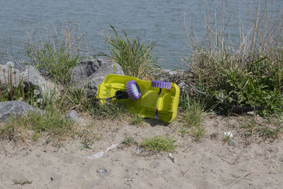 High angle view of toy on beach