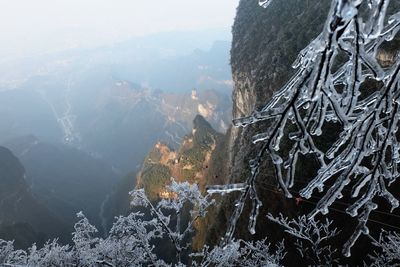 Aerial view of mountain range in winter