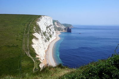 Scenic view of sea against clear blue sky