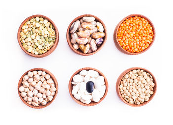 High angle view of candies against white background