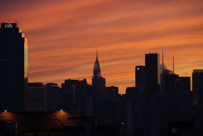 Buildings in city during sunset