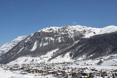 Scenic view of snowcapped mountains against clear sky