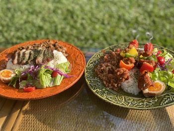 High angle view of food in plate on table