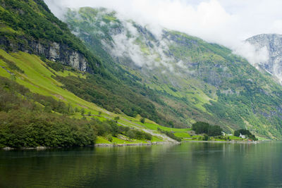 Scenic view of lake and mountains against sky