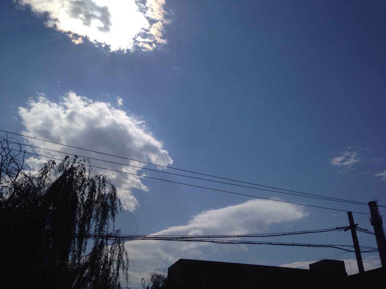 low angle view, sky, power line, silhouette, electricity pylon, blue, cloud - sky, cable, built structure, electricity, building exterior, architecture, connection, tree, power supply, cloud, high section, power cable, house, nature