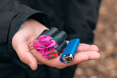 Close-up of woman hand holding pink flowers