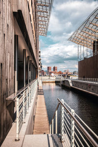 Bridge over river by buildings against sky