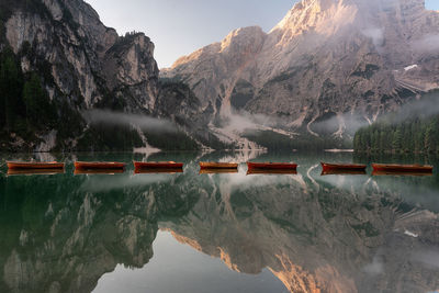 Scenic view of lake and snowcapped mountains