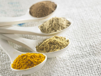 Close-up of various grounded spices in spoon on burlap