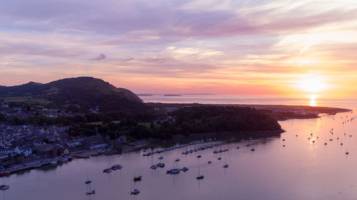 High angle view of sea against sky during sunset