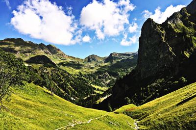 Panoramic view of green landscape against sky