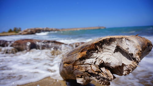 Close-up of rocks on beach against sky