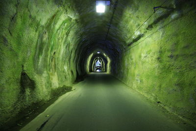 Empty road in green  tunnel with lights.