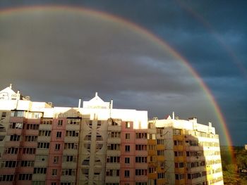 Low angle view of rainbow over buildings in city