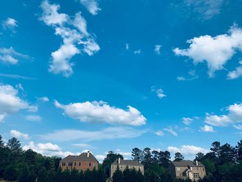 Low angle view of trees and buildings against blue sky