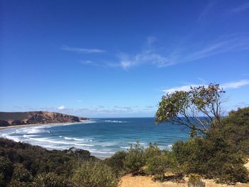 Scenic view of sea against blue sky