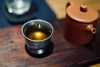 High angle view of tea in container on table