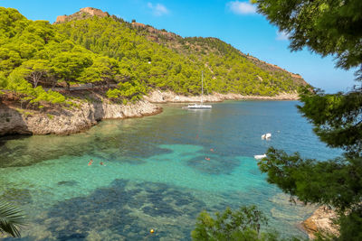 Scenic view of sea and mountains against sky