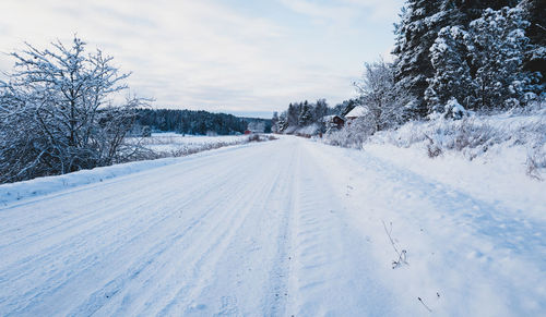 Snow covered landscape against sky