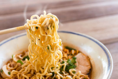 High angle view of noodles in bowl on table