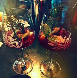 High angle view of wine in glass on table