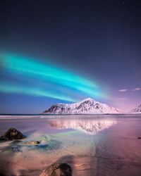 Scenic view of snowcapped mountains against sky at night