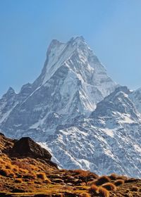 Scenic view of snowcapped mountains against clear sky