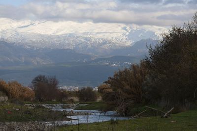 Scenic view of lake and mountains against sky